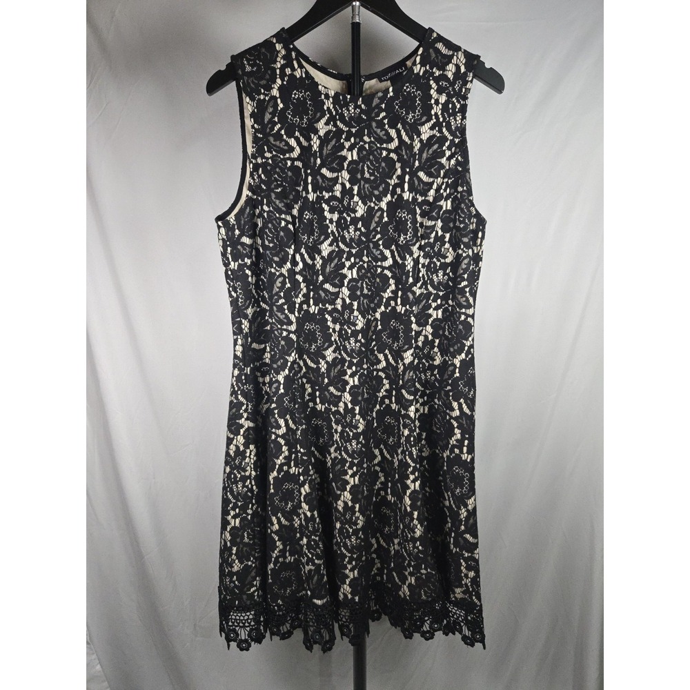 Black Crochet Lace Fit & Flare Dress Sz 16 Sleeveless Nude Lined Cocktail Party